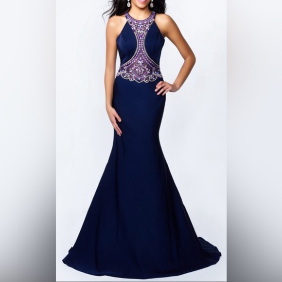 Abby Paris Formal Dress Size 8 Navy Blue Beaded Waist Train Gown AUTHENTIC NWT - Picture 4 of 15